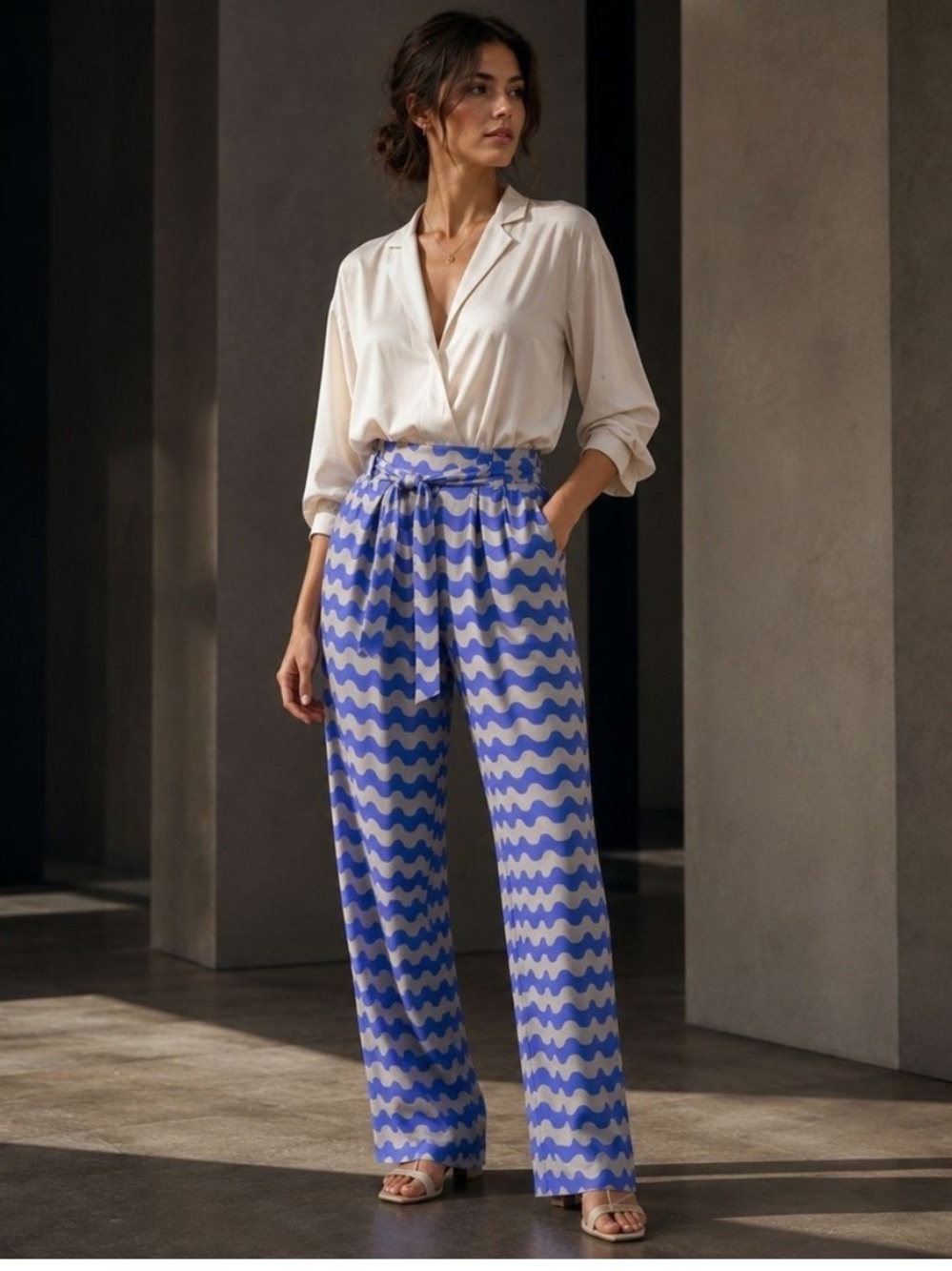 Armani Collezioni High Waist Belted Satin Wide Leg Trousers Pants Purple Gray